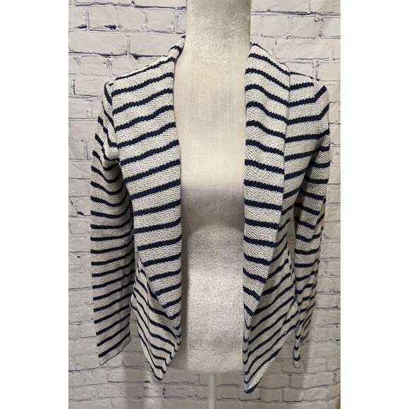 Lou & Grey Sweaters - Lou & Grey Navy Stripe Open Front Cotton Jacket Knit Asymmetric XS
